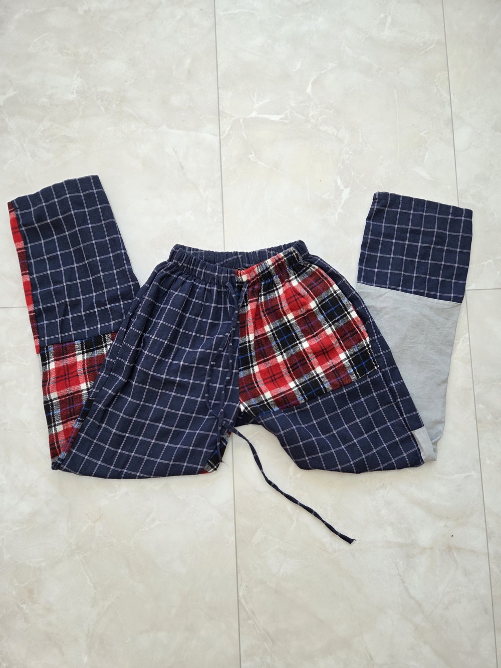 Patchwork Plaid Drawstring Pants - Navy & Red